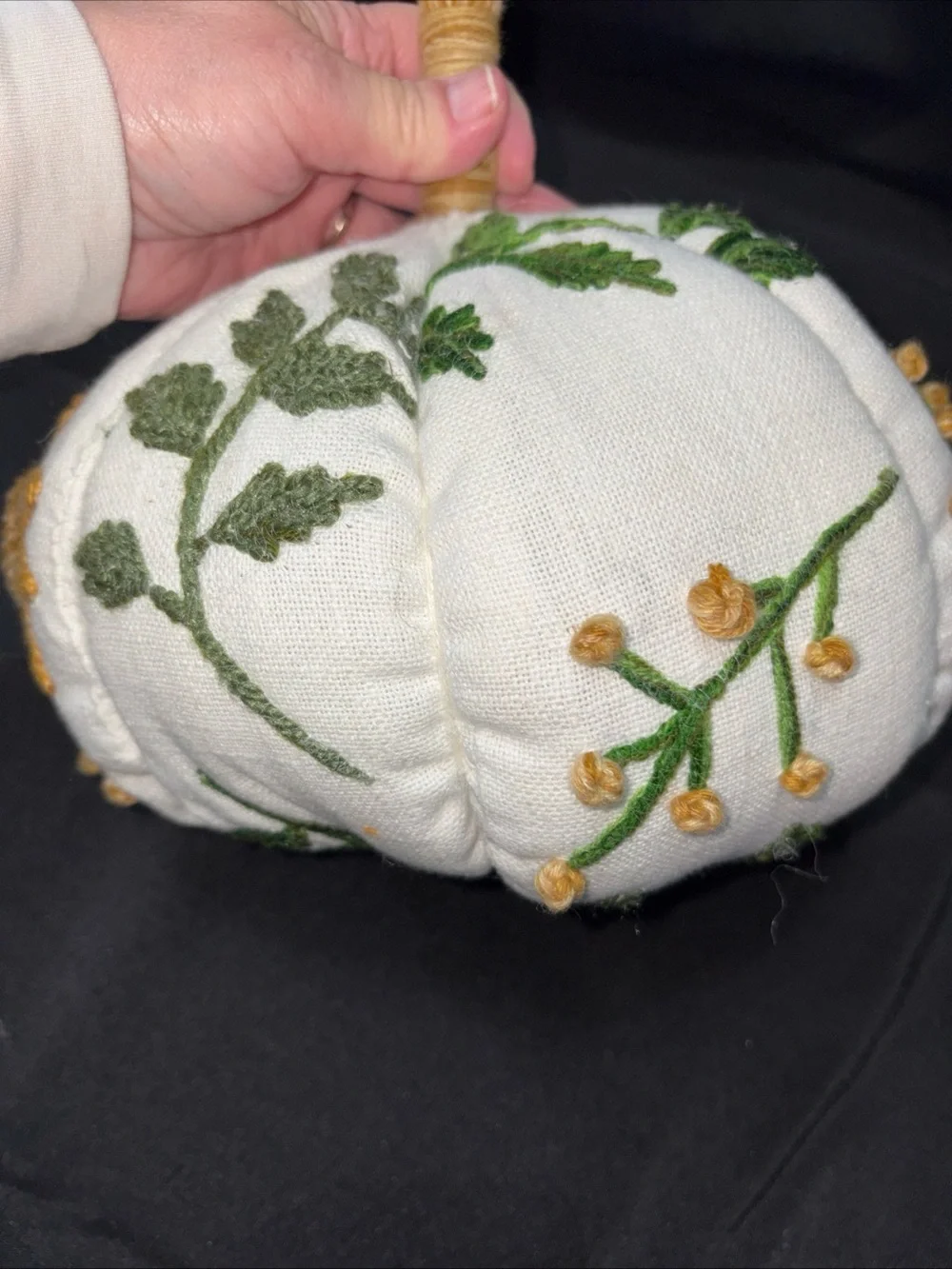 Source Unknown White Accent Pillow Pumpkin with Mustard Embroidered Flowers